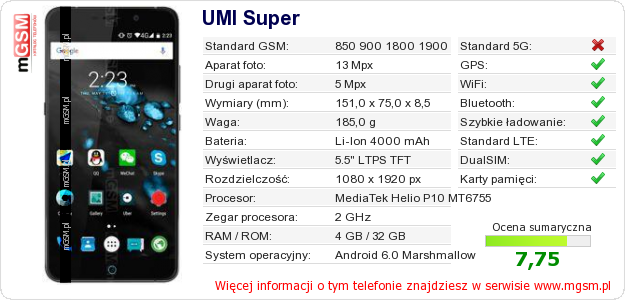 Dane telefonu UMI Super