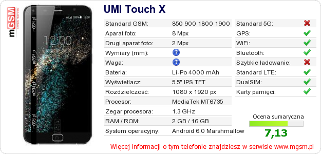 Dane telefonu UMI Touch X