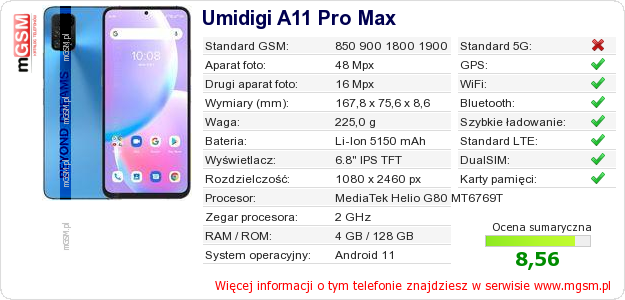 Dane telefonu Umidigi A11 Pro Max