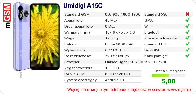 Dane telefonu Umidigi A15C Dane telefonu Umidigi A15C