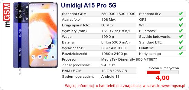 Dane telefonu Umidigi A15 Pro 5G Dane telefonu Umidigi A15 Pro 5G