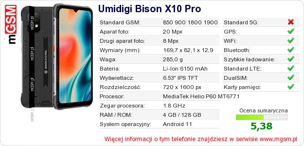 Dane telefonu Umidigi Bison X10 Pro Dane telefonu Umidigi Bison X10 Pro