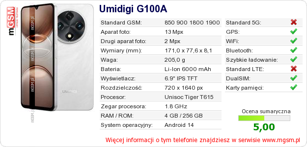 Dane telefonu Umidigi G100A