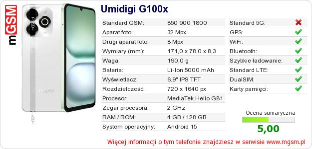 Dane telefonu Umidigi G100x