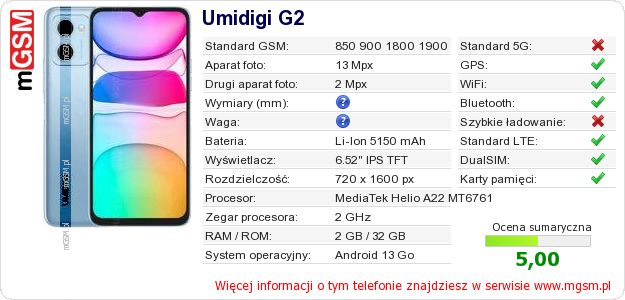 Dane telefonu Umidigi G2