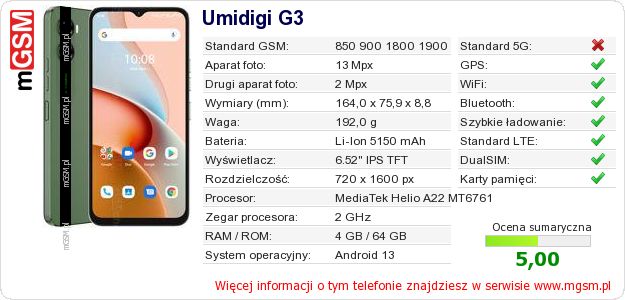 Dane telefonu Umidigi G3 Dane telefonu Umidigi G3