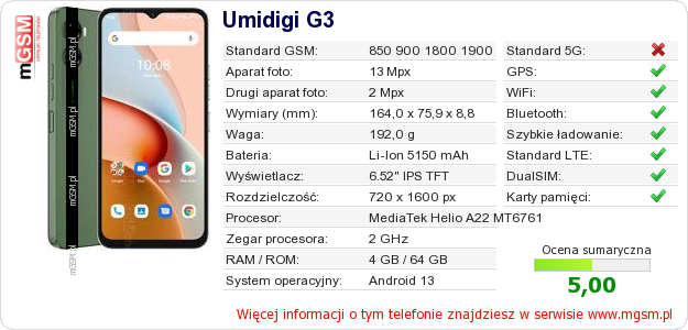 Dane telefonu Umidigi G3