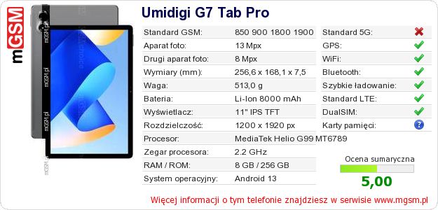 Dane telefonu Umidigi G7 Tab Pro