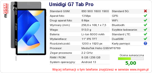 Dane telefonu Umidigi G7 Tab Pro