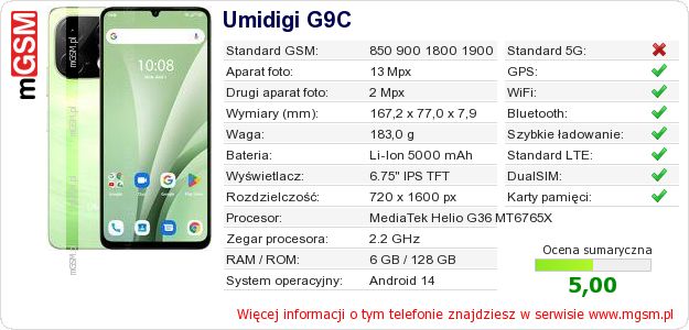 Dane telefonu Umidigi G9C