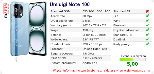 Dane telefonu Umidigi Note 100