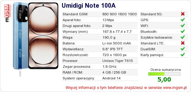 Dane telefonu Umidigi Note 100A