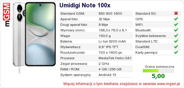 Dane telefonu Umidigi Note 100x