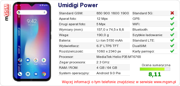 Dane telefonu Umidigi Power Dane telefonu Umidigi Power