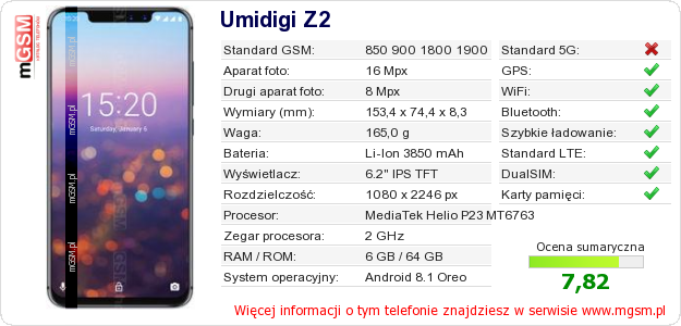 Dane telefonu Umidigi Z2 Dane telefonu Umidigi Z2