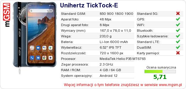 Dane telefonu Unihertz TickTock-E Dane telefonu Unihertz TickTock-E