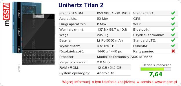 Dane telefonu Unihertz Titan 2