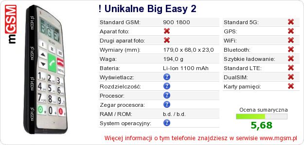 Dane telefonu ! Unikalne Big Easy 2
