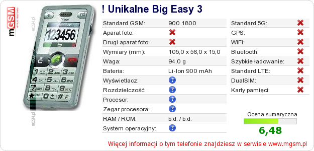 Dane telefonu ! Unikalne Big Easy 3