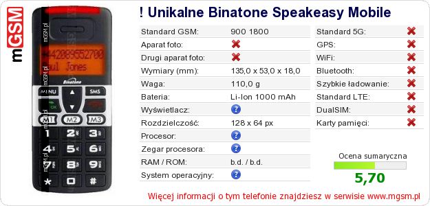 Dane telefonu ! Unikalne Binatone Speakeasy Mobile Dane telefonu ! Unikalne Binatone Speakeasy Mobile