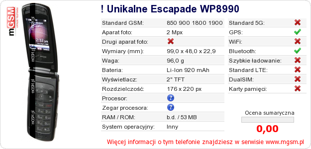 Dane telefonu ! Unikalne Escapade WP8990