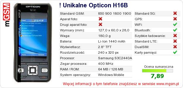 Dane telefonu ! Unikalne Opticon H16B