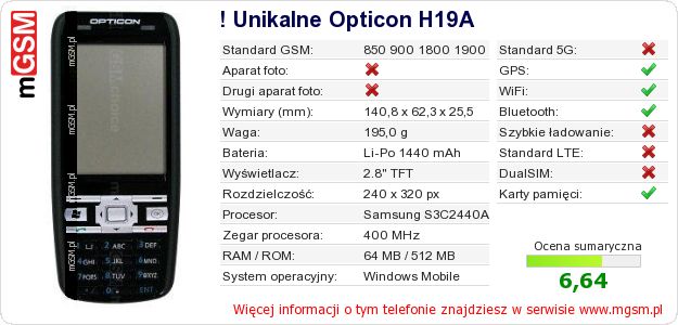 Dane telefonu ! Unikalne Opticon H19A