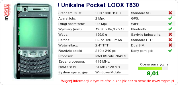 Dane telefonu ! Unikalne Pocket LOOX T830