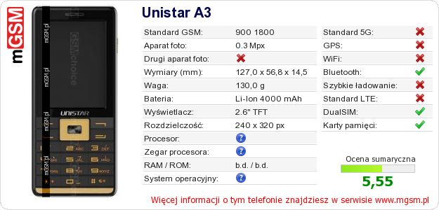 Dane telefonu Unistar A3 Dane telefonu Unistar A3