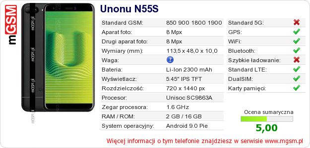 Dane telefonu Unonu N55S Dane telefonu Unonu N55S