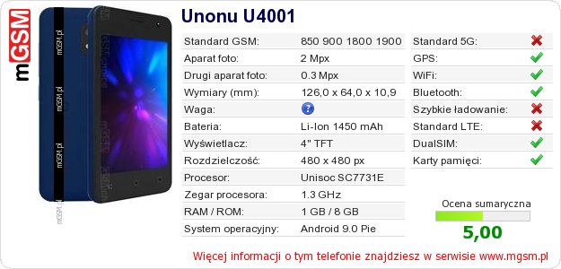 Dane telefonu Unonu U4001