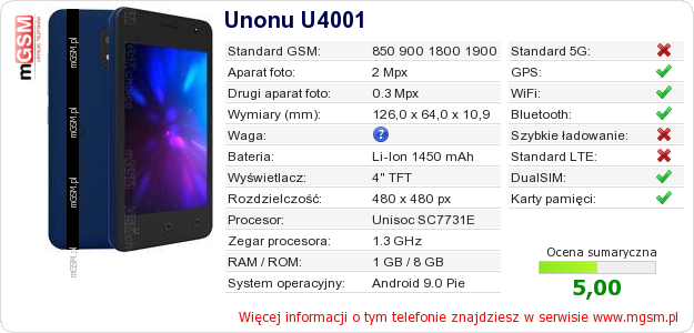 Dane telefonu Unonu U4001