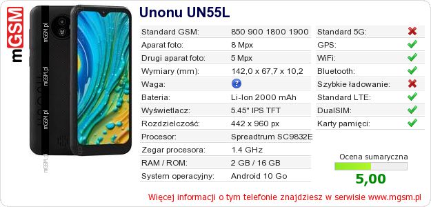 Dane telefonu Unonu UN55L