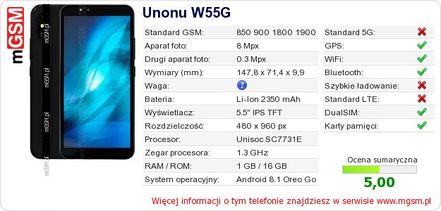 Dane telefonu Unonu W55G