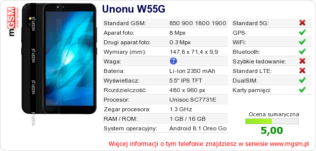 Dane telefonu Unonu W55G