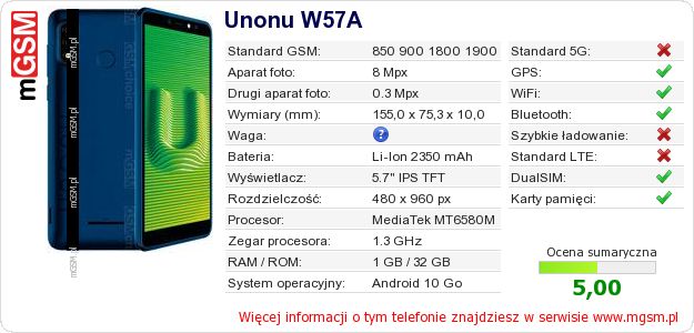 Dane telefonu Unonu W57A