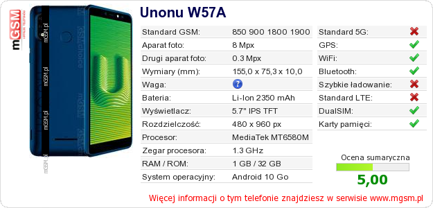 Dane telefonu Unonu W57A