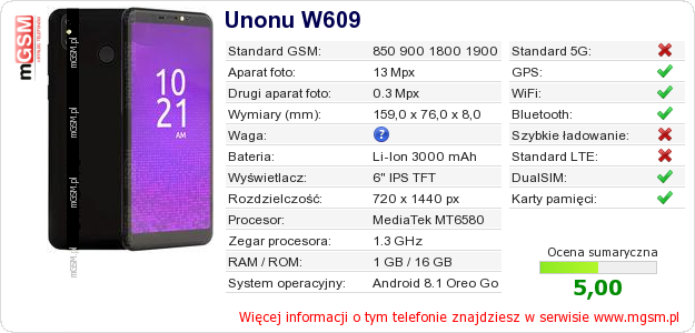 Dane telefonu Unonu W609