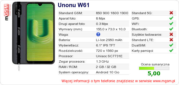 Dane telefonu Unonu W61