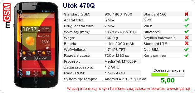 Dane telefonu Utok 470Q Dane telefonu Utok 470Q
