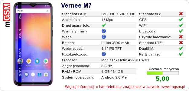 Dane telefonu Vernee M7 Dane telefonu Vernee M7