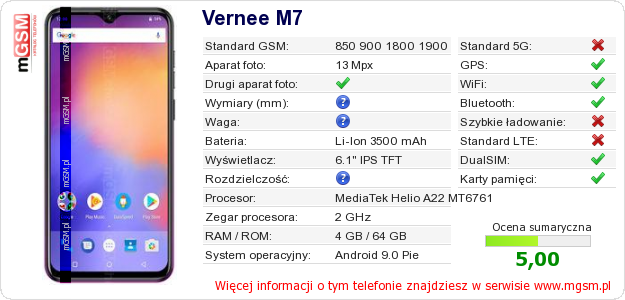 Dane telefonu Vernee M7 Dane telefonu Vernee M7