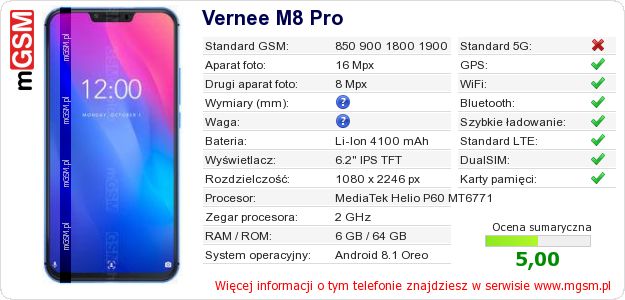 Dane telefonu Vernee M8 Pro Dane telefonu Vernee M8 Pro
