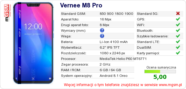 Dane telefonu Vernee M8 Pro Dane telefonu Vernee M8 Pro