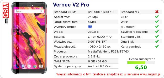 Dane telefonu Vernee V2 Pro Dane telefonu Vernee V2 Pro