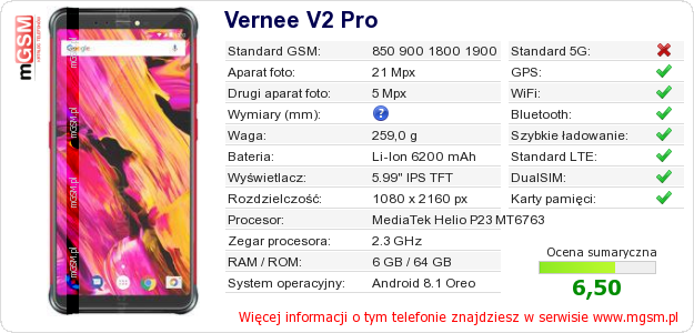 Dane telefonu Vernee V2 Pro