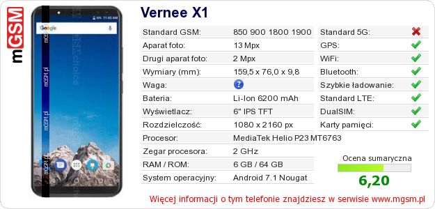 Dane telefonu Vernee X1 Dane telefonu Vernee X1