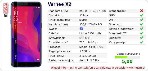 Dane telefonu Vernee X2