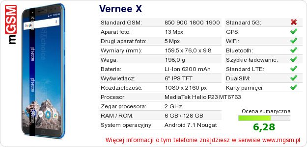 Dane telefonu Vernee X Dane telefonu Vernee X