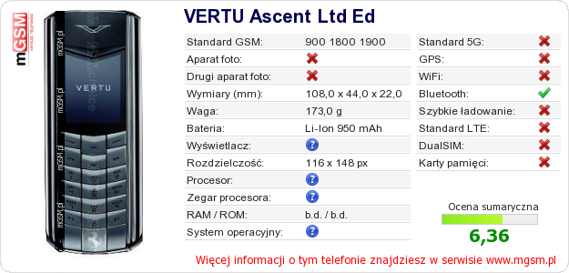 Dane telefonu VERTU Ascent Ltd Ed
